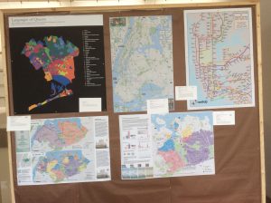 Five maps with placards at Map Mosaic: From Queens to the World, Queens Museum, NY