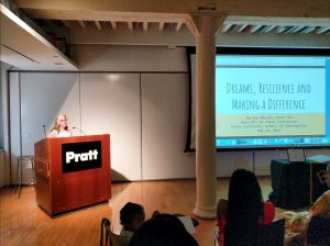 Noreen Whysel addressing the 2017 Initiation Class of Beta Phi Mu Theta at Pratt Institute School of Information