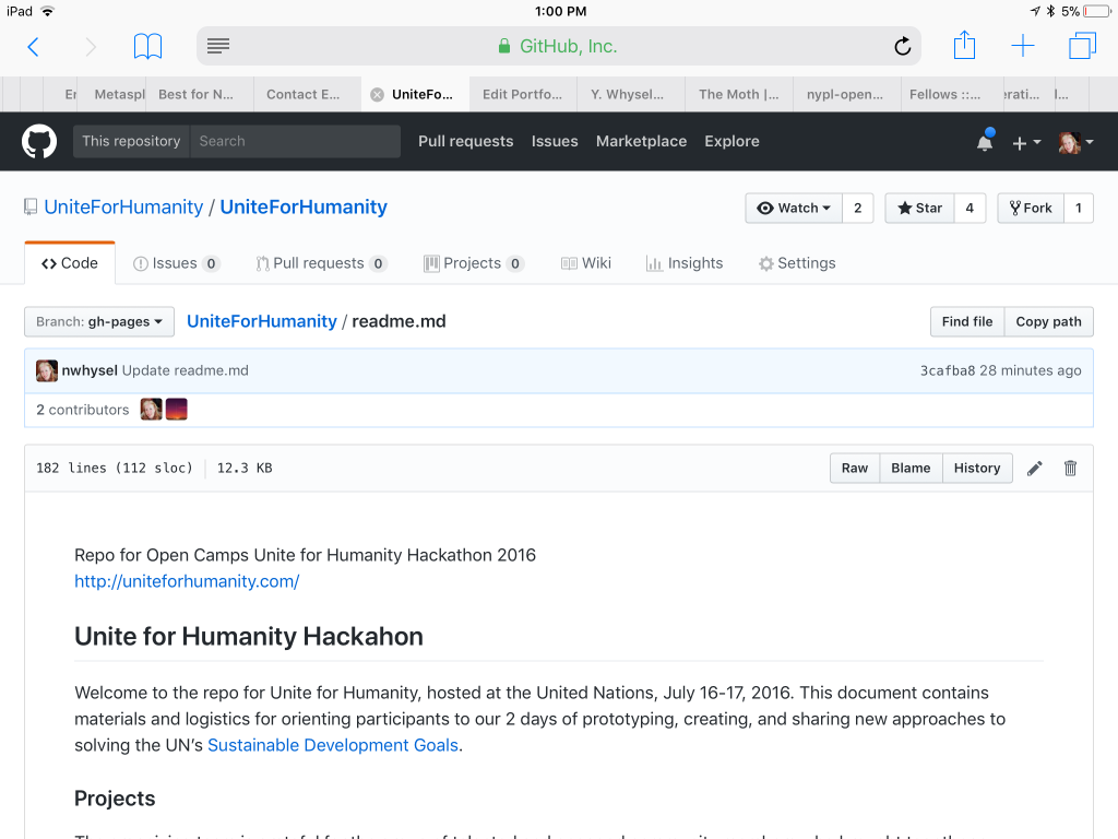 Screenshot of Unite for Humanity Hackathon Github site