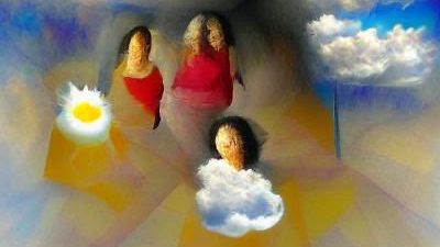 Three women in a liminal space. Digital art generated by Night Cafe.