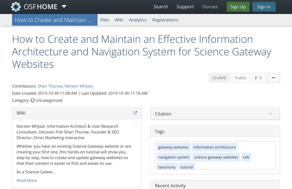 Screenshot OSF site: How to Create and Maintain an Effective Information Architecture and Navigation System for Science Gateway Websites