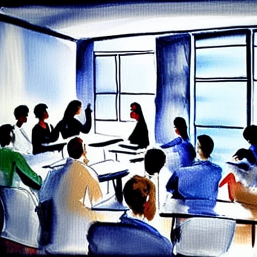 Watercolor atyle drawing of a meeting room with figures and desks. Night Cafe Studio AI-generated image by Noreen Whysel.