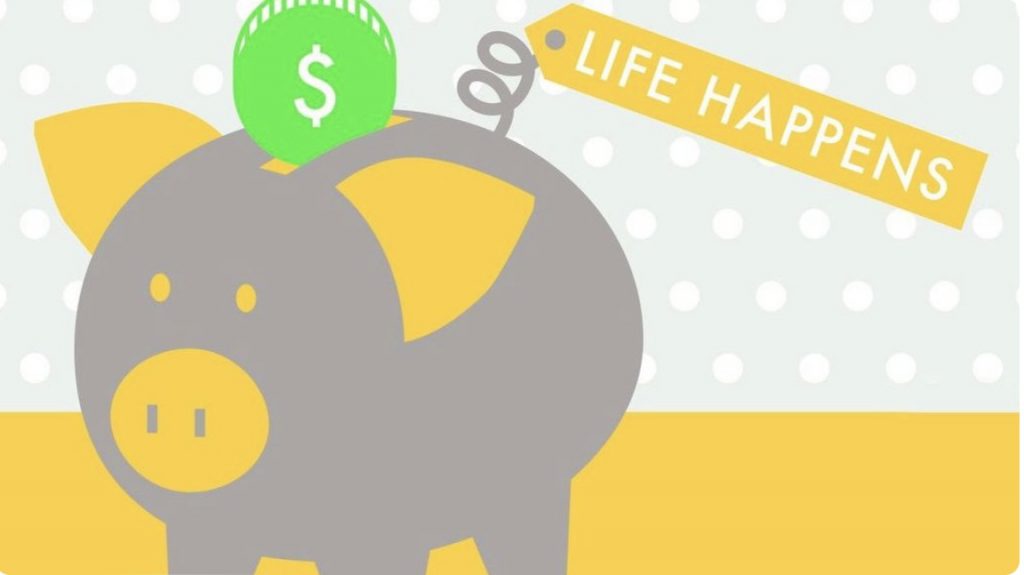 Behavioral Economics NYC logo featuring a gray piggy bank on a yellow and white background and the words “Life Happens”