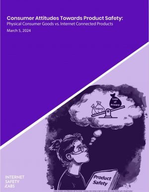 Report Cover of Consumer Attitudes Towards Product Safety: Physical Consumer Goods vs. Internet Connected Products, featuring a dark purple diagonal section on top with the title and a light purple diagonal section on the bottom, featuring a cartoon of a woman in glasses and a messy bun, holding a papers labeled "product safety" and a thought bubble with a seesaw measuring two, lower white bags on the left side, marked "Injury" and a bag on the higher, right side labeled "loss of privacy"